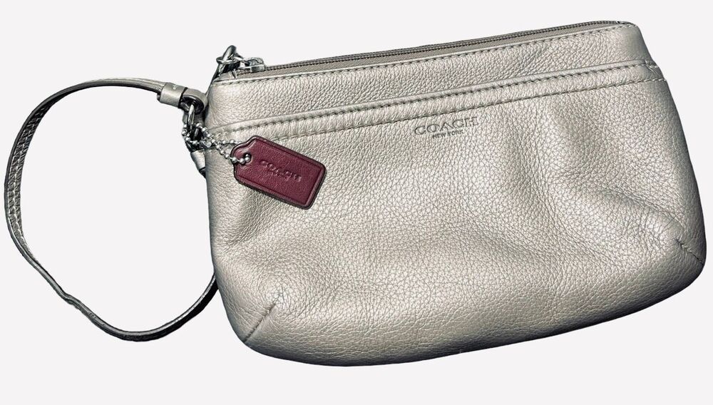 Coach Metallic Pewter Leather Wristlet with Red Tag GUC
